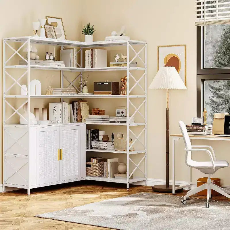 Étagère d'angle de ferme, bibliothèque de rangement en L à 6 niveaux avec armoire