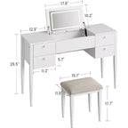 Acekool 47 Coiffeuse avec Miroir Rabattable, Lumières LED, 3 Modes d'Éclairage, 5 Tiroirs, Table 3-en-1 avec Chaise, Blanc et Or