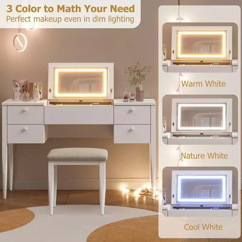 Acekool 47 Coiffeuse avec Miroir Rabattable, Lumières LED, 3 Modes d'Éclairage, 5 Tiroirs, Table 3-en-1 avec Chaise, Blanc et Or