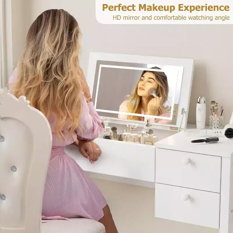 Acekool 47 Coiffeuse avec Miroir Rabattable, Lumières LED, 3 Modes d'Éclairage, 5 Tiroirs, Table 3-en-1 avec Chaise, Blanc et Or