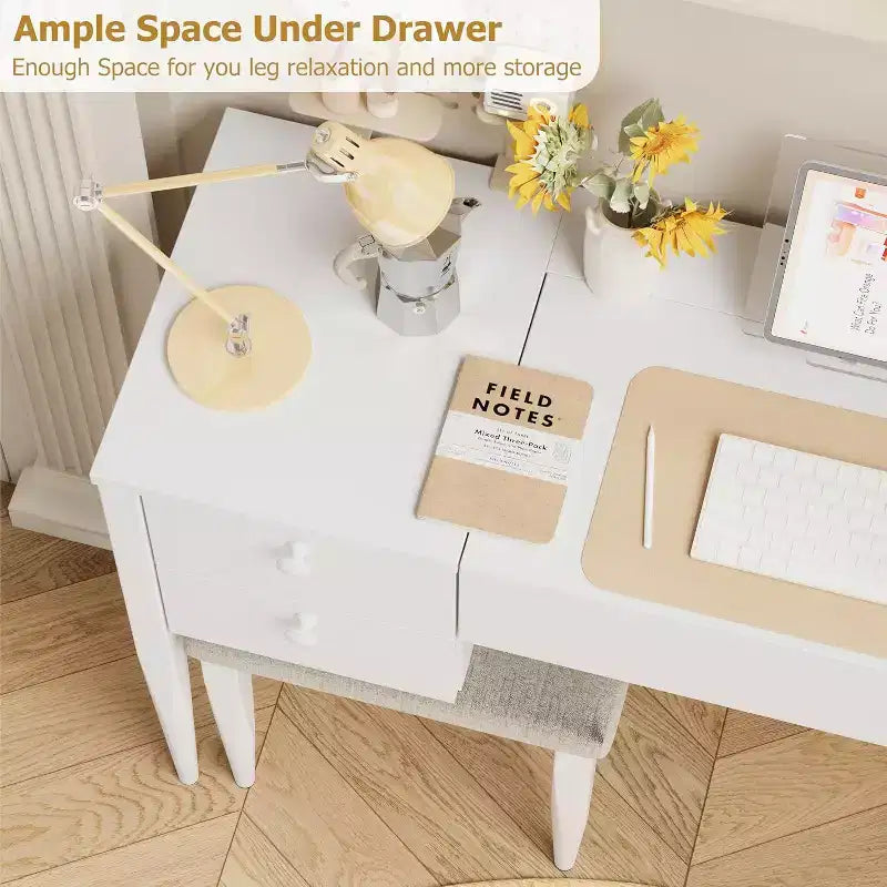 Acekool 47 Coiffeuse avec Miroir Rabattable, Lumières LED, 3 Modes d'Éclairage, 5 Tiroirs, Table 3-en-1 avec Chaise, Blanc et Or