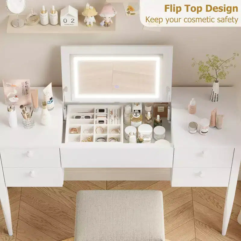 Acekool 47 Coiffeuse avec Miroir Rabattable, Lumières LED, 3 Modes d'Éclairage, 5 Tiroirs, Table 3-en-1 avec Chaise, Blanc et Or