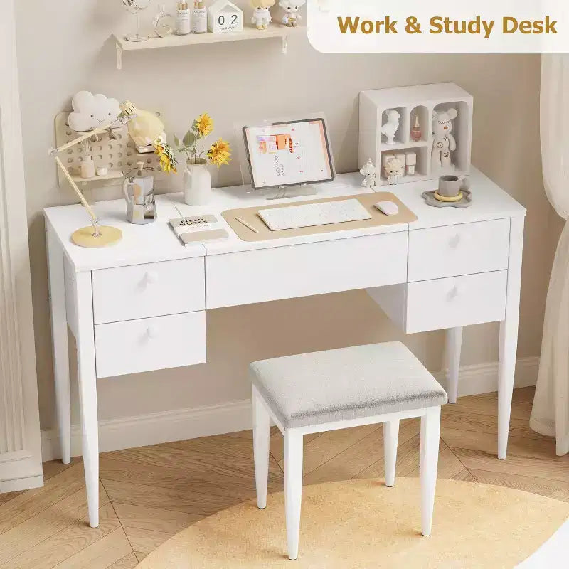 Acekool 47 Coiffeuse avec Miroir Rabattable, Lumières LED, 3 Modes d'Éclairage, 5 Tiroirs, Table 3-en-1 avec Chaise, Blanc et Or