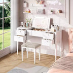 Acekool 47 Coiffeuse avec Miroir Rabattable, Lumières LED, 3 Modes d'Éclairage, 5 Tiroirs, Table 3-en-1 avec Chaise, Blanc et Or