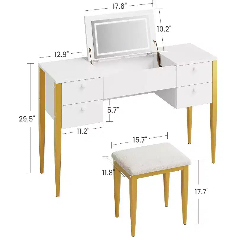 Acekool 47 Coiffeuse avec Miroir Rabattable, Lumières LED, 3 Modes d'Éclairage, 5 Tiroirs, Table 3-en-1 avec Chaise, Blanc et Or