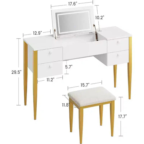 Acekool 47 Coiffeuse avec Miroir Rabattable, Lumières LED, 3 Modes d'Éclairage, 5 Tiroirs, Table 3-en-1 avec Chaise, Blanc et Or