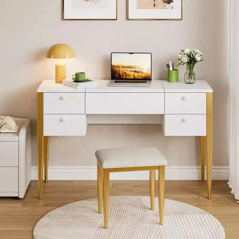 Acekool 47 Coiffeuse avec Miroir Rabattable, Lumières LED, 3 Modes d'Éclairage, 5 Tiroirs, Table 3-en-1 avec Chaise, Blanc et Or