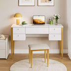 Acekool 47 Coiffeuse avec Miroir Rabattable, Lumières LED, 3 Modes d'Éclairage, 5 Tiroirs, Table 3-en-1 avec Chaise, Blanc et Or
