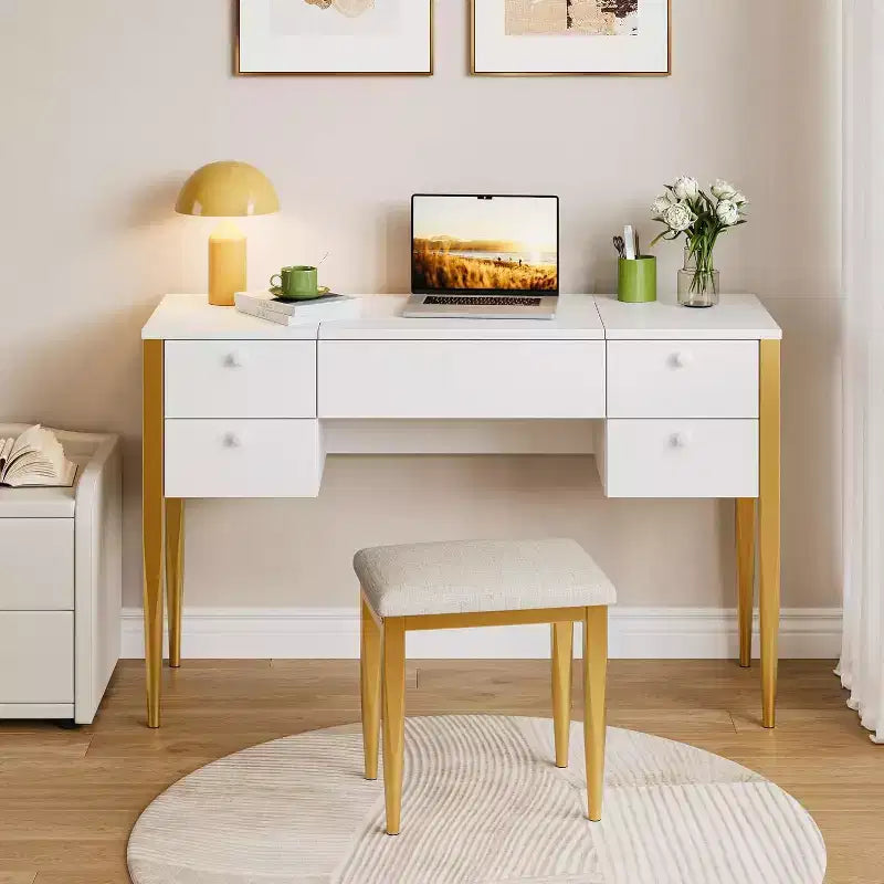 Acekool 47 Coiffeuse avec Miroir Rabattable, Lumières LED, 3 Modes d'Éclairage, 5 Tiroirs, Table 3-en-1 avec Chaise, Blanc et Or