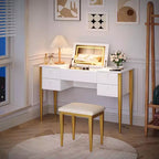 Acekool 47 Coiffeuse avec Miroir Rabattable, Lumières LED, 3 Modes d'Éclairage, 5 Tiroirs, Table 3-en-1 avec Chaise, Blanc et Or