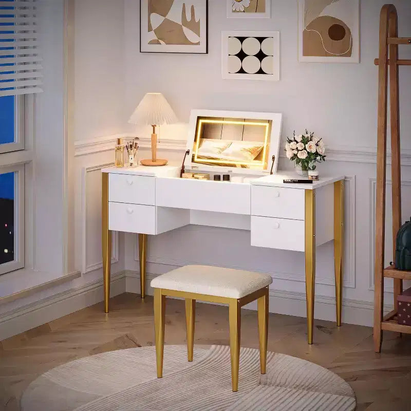 Acekool 47 Coiffeuse avec Miroir Rabattable, Lumières LED, 3 Modes d'Éclairage, 5 Tiroirs, Table 3-en-1 avec Chaise, Blanc et Or