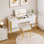 Acekool 47 Coiffeuse avec Miroir Rabattable, Lumières LED, 3 Modes d'Éclairage, 5 Tiroirs, Table 3-en-1 avec Chaise, Blanc et Or