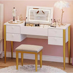Acekool 47 Makeup Vanity Desk with Flip Top Mirror, LED Lights, 3 Lighting Modes, 5 Drawers, 3-in-1 Table with Chair, White & Gold