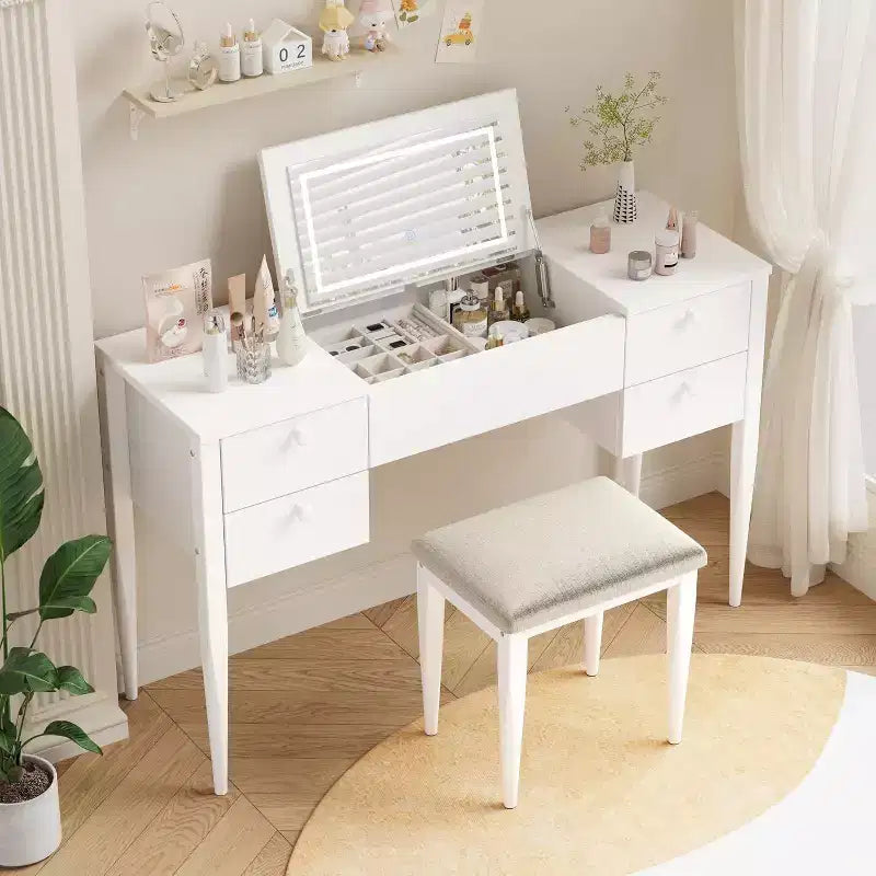 Acekool 47 Coiffeuse avec Miroir Rabattable, Lumières LED, 3 Modes d'Éclairage, 5 Tiroirs, Table 3-en-1 avec Chaise, Blanc et Or