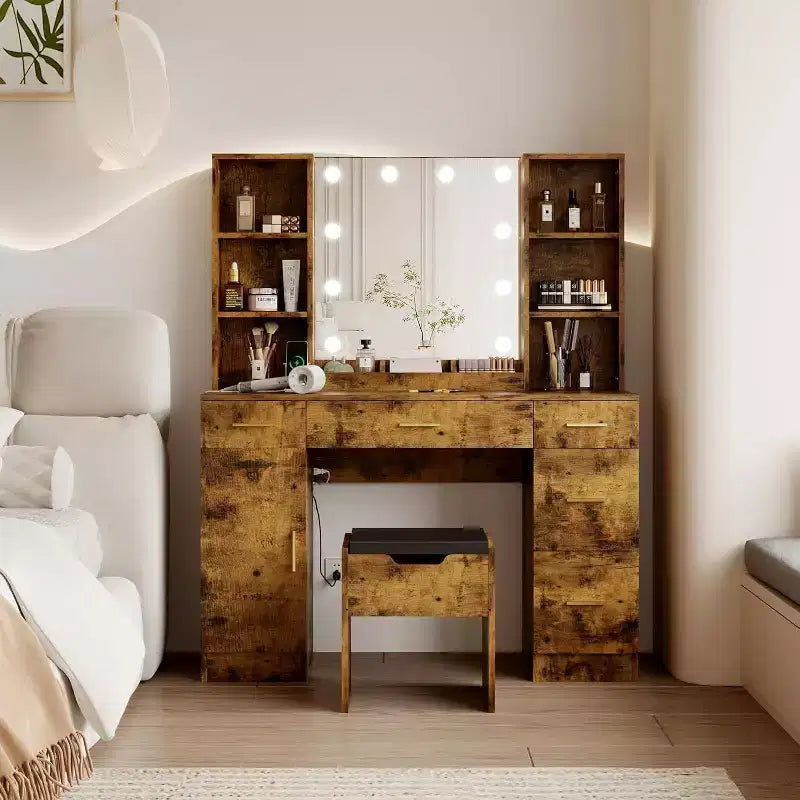 Coiffeuse Acekool avec miroir lumineux LED, 10 ampoules, 3 couleurs de luminosité, 6 tiroirs, 6 étagères ouvertes, table de maquillage pour chambre à coucher