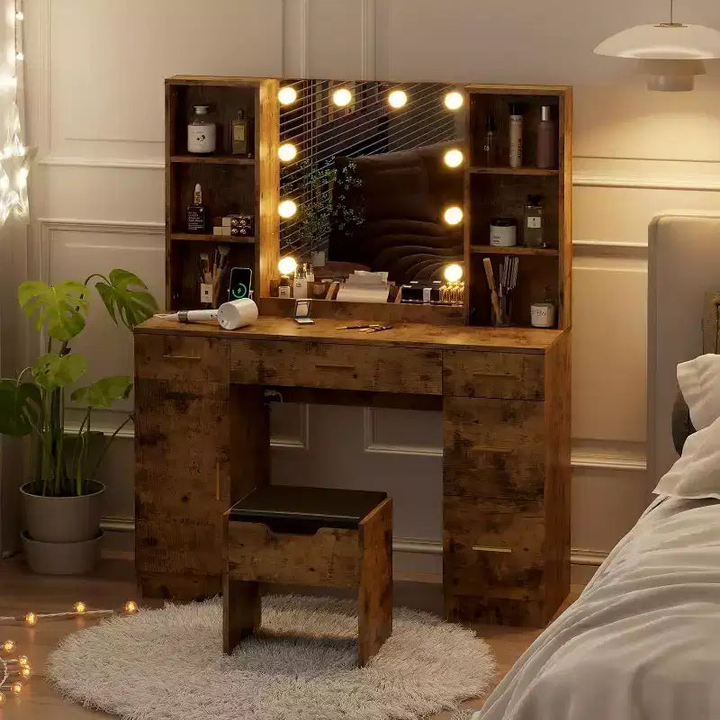 Coiffeuse Acekool avec miroir lumineux LED, 10 ampoules, 3 couleurs de luminosité, 6 tiroirs, 6 étagères ouvertes, table de maquillage pour chambre à coucher