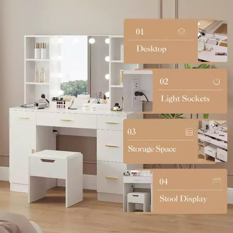 Coiffeuse Acekool avec miroir lumineux LED, 10 ampoules, 3 couleurs de luminosité, 6 tiroirs, 6 étagères ouvertes, table de maquillage pour chambre à coucher