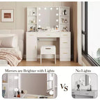 Coiffeuse Acekool avec miroir lumineux LED, 10 ampoules, 3 couleurs de luminosité, 6 tiroirs, 6 étagères ouvertes, table de maquillage pour chambre à coucher