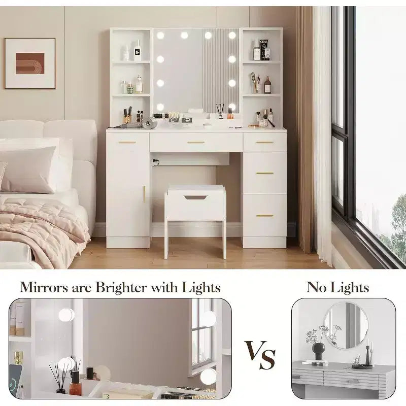 Coiffeuse Acekool avec miroir lumineux LED, 10 ampoules, 3 couleurs de luminosité, 6 tiroirs, 6 étagères ouvertes, table de maquillage pour chambre à coucher