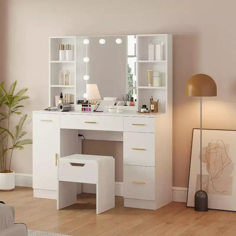 Coiffeuse Acekool avec miroir lumineux LED, 10 ampoules, 3 couleurs de luminosité, 6 tiroirs, 6 étagères ouvertes, table de maquillage pour chambre à coucher
