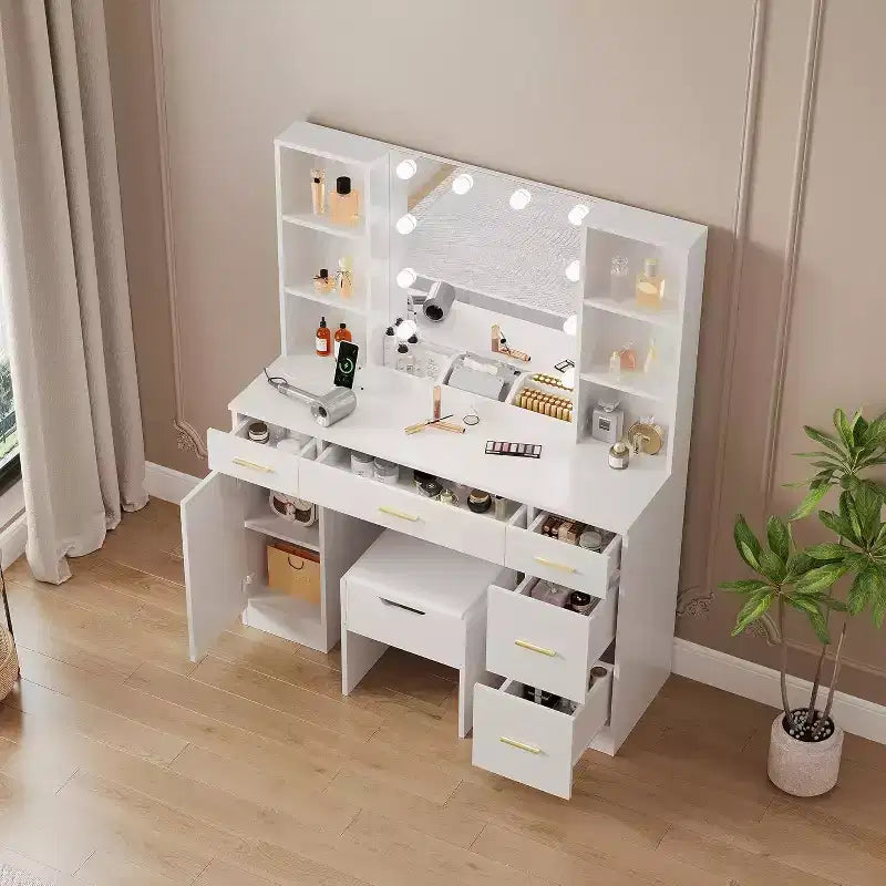 Coiffeuse Acekool avec miroir lumineux LED, 10 ampoules, 3 couleurs de luminosité, 6 tiroirs, 6 étagères ouvertes, table de maquillage pour chambre à coucher