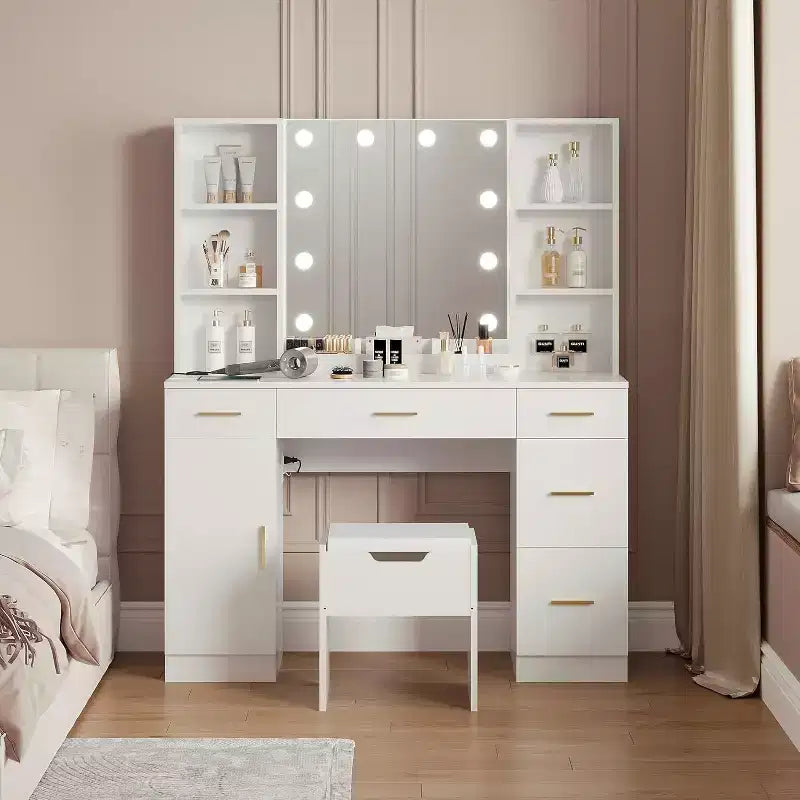 Coiffeuse Acekool avec miroir lumineux LED, 10 ampoules, 3 couleurs de luminosité, 6 tiroirs, 6 étagères ouvertes, table de maquillage pour chambre à coucher