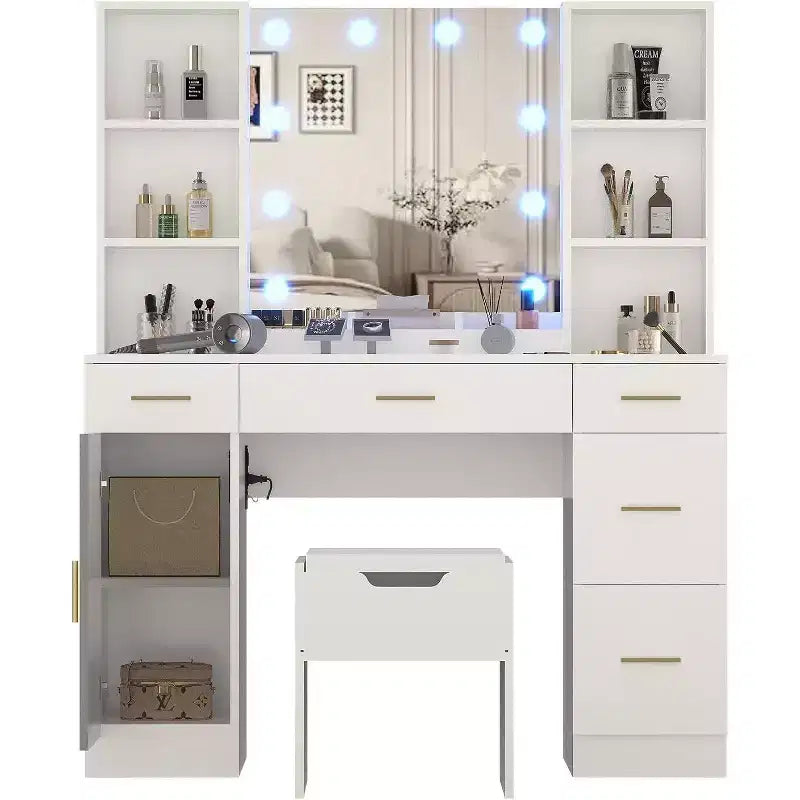Coiffeuse Acekool avec miroir lumineux LED, 10 ampoules, 3 couleurs de luminosité, 6 tiroirs, 6 étagères ouvertes, table de maquillage pour chambre à coucher