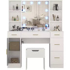 Coiffeuse Acekool avec miroir lumineux LED, 10 ampoules, 3 couleurs de luminosité, 6 tiroirs, 6 étagères ouvertes, table de maquillage pour chambre à coucher