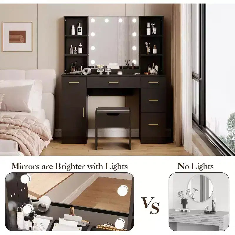 Coiffeuse Acekool avec miroir lumineux LED, 10 ampoules, 3 couleurs de luminosité, 6 tiroirs, 6 étagères ouvertes, table de maquillage pour chambre à coucher