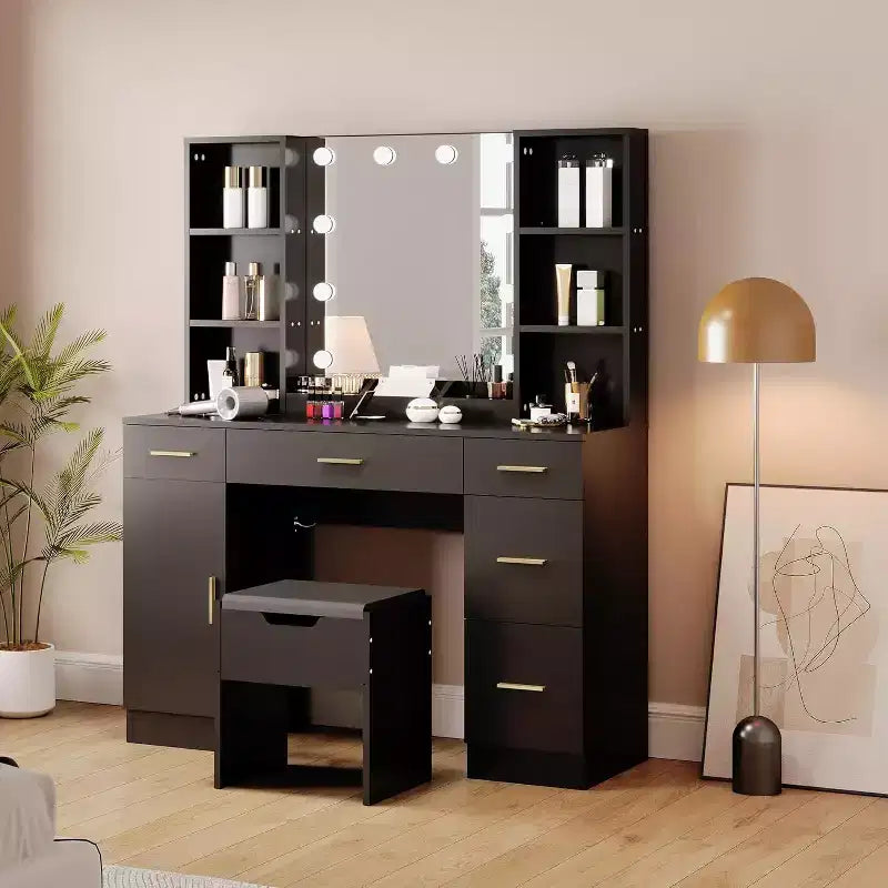 Coiffeuse Acekool avec miroir lumineux LED, 10 ampoules, 3 couleurs de luminosité, 6 tiroirs, 6 étagères ouvertes, table de maquillage pour chambre à coucher
