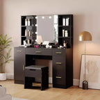 Coiffeuse Acekool avec miroir lumineux LED, 10 ampoules, 3 couleurs de luminosité, 6 tiroirs, 6 étagères ouvertes, table de maquillage pour chambre à coucher