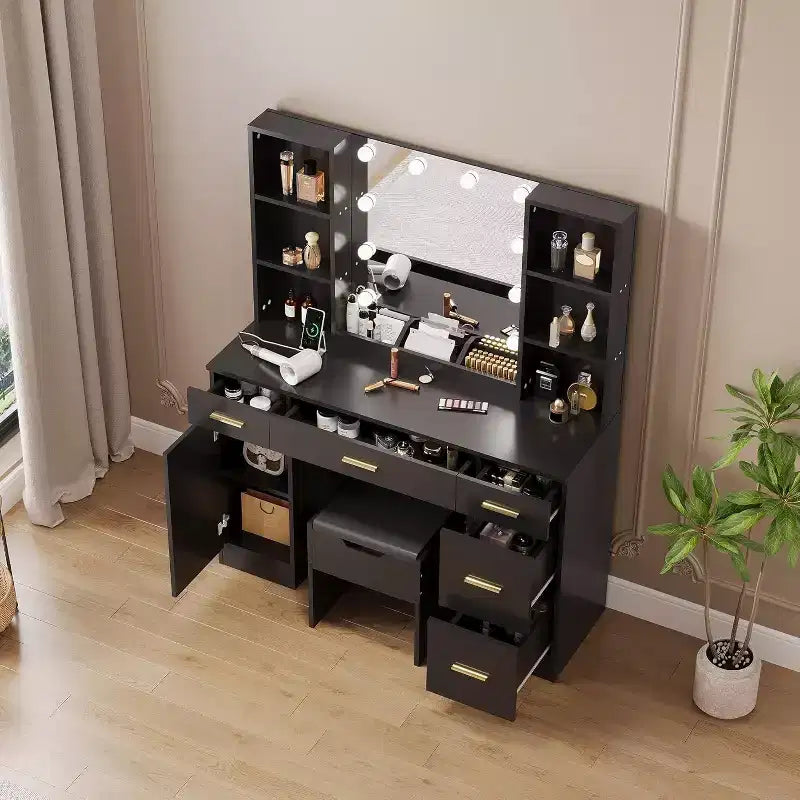 Coiffeuse Acekool avec miroir lumineux LED, 10 ampoules, 3 couleurs de luminosité, 6 tiroirs, 6 étagères ouvertes, table de maquillage pour chambre à coucher