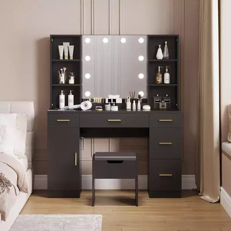 Coiffeuse Acekool avec miroir lumineux LED, 10 ampoules, 3 couleurs de luminosité, 6 tiroirs, 6 étagères ouvertes, table de maquillage pour chambre à coucher