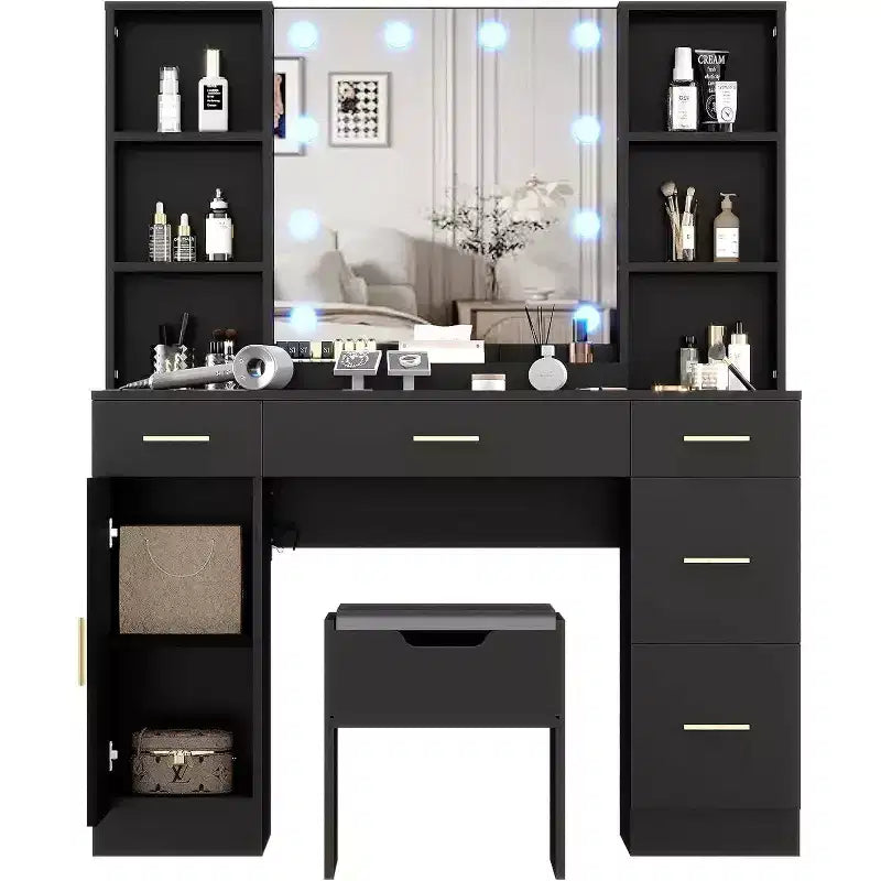 Coiffeuse Acekool avec miroir lumineux LED, 10 ampoules, 3 couleurs de luminosité, 6 tiroirs, 6 étagères ouvertes, table de maquillage pour chambre à coucher