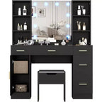 Coiffeuse Acekool avec miroir lumineux LED, 10 ampoules, 3 couleurs de luminosité, 6 tiroirs, 6 étagères ouvertes, table de maquillage pour chambre à coucher