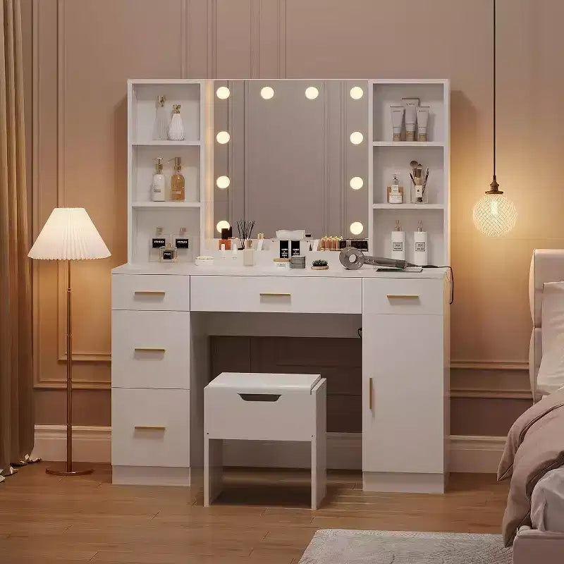 Coiffeuse Acekool avec miroir lumineux LED, 10 ampoules, 3 couleurs de luminosité, 6 tiroirs, 6 étagères ouvertes, table de maquillage pour chambre à coucher