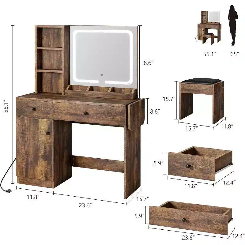 Coiffeuse avec miroir lumineux LED et prise de courant, coiffeuse de maquillage avec tiroirs et armoire et chaise, ensemble de coiffeuse pour chambre à coucher