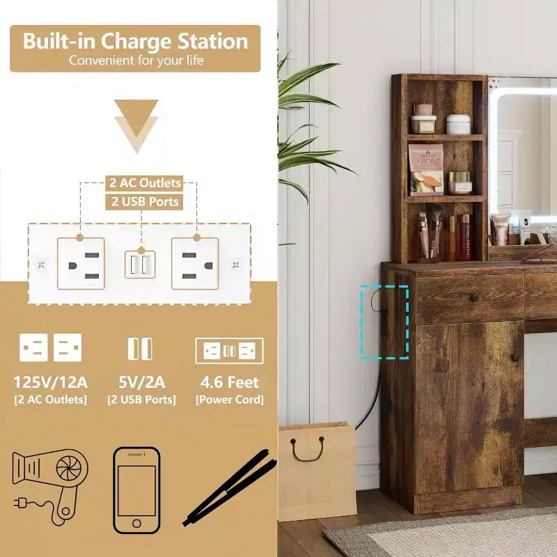 Coiffeuse avec miroir lumineux LED et prise de courant, coiffeuse de maquillage avec tiroirs et armoire et chaise, ensemble de coiffeuse pour chambre à coucher