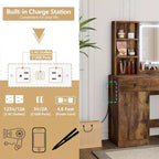 Coiffeuse avec miroir lumineux LED et prise de courant, coiffeuse de maquillage avec tiroirs et armoire et chaise, ensemble de coiffeuse pour chambre à coucher