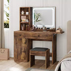Coiffeuse avec miroir lumineux LED et prise de courant, coiffeuse de maquillage avec tiroirs et armoire et chaise, ensemble de coiffeuse pour chambre à coucher
