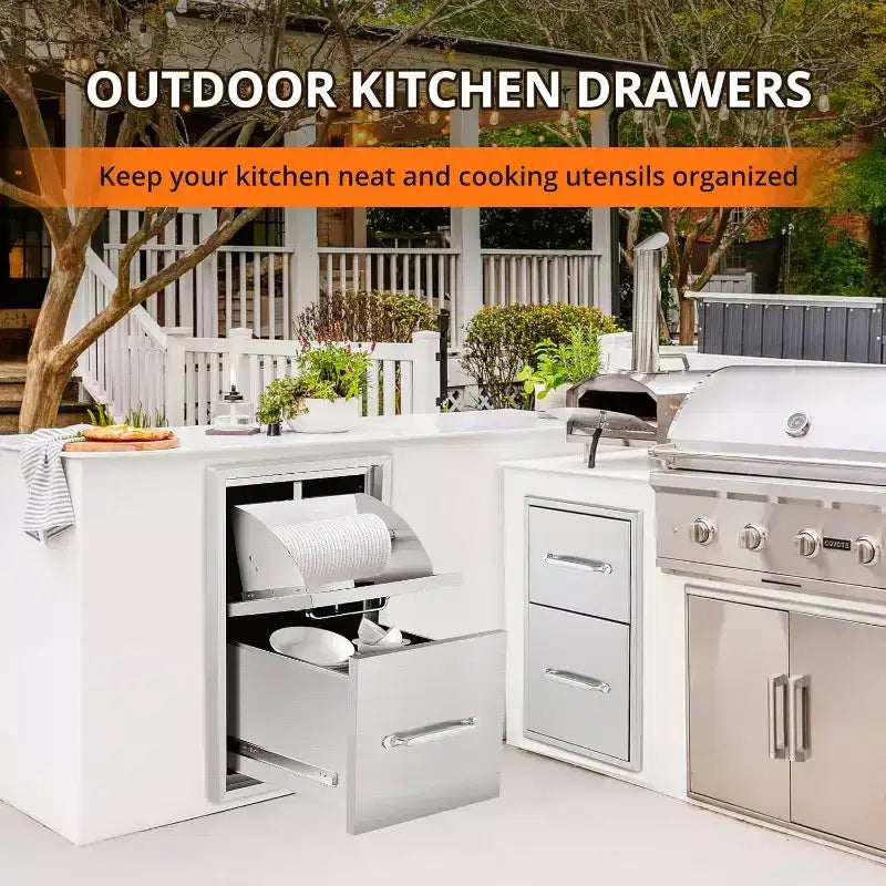 Tiroirs doubles d'accès en acier inoxydable de 40,6 cm l x 53,3 cm H x 58,4 cm P, pour cuisine extérieure, avec support à serviettes en papier, combo pour îlot de barbecue ou station de grillades