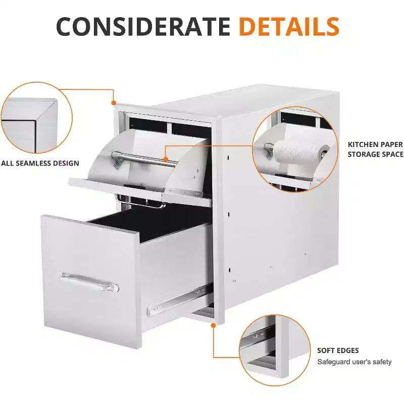 Tiroirs doubles d'accès en acier inoxydable de 40,6 cm l x 53,3 cm H x 58,4 cm P, pour cuisine extérieure, avec support à serviettes en papier, combo pour îlot de barbecue ou station de grillades