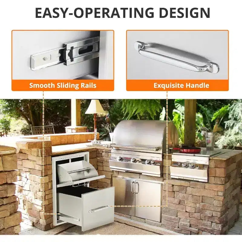 Tiroirs doubles d'accès en acier inoxydable de 40,6 cm l x 53,3 cm H x 58,4 cm P, pour cuisine extérieure, avec support à serviettes en papier, combo pour îlot de barbecue ou station de grillades