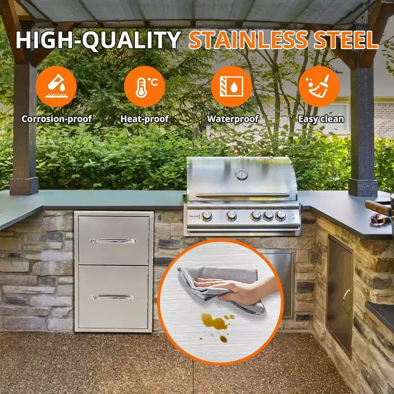 Tiroirs doubles d'accès en acier inoxydable de 40,6 cm l x 53,3 cm H x 58,4 cm P, pour cuisine extérieure, avec support à serviettes en papier, combo pour îlot de barbecue ou station de grillades