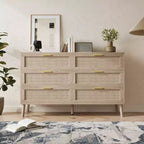 8 Drawer Dresser, Natural Rattan Dresser for Bedroom with 5 Strong Legs, Farmhouse Wood Chest of Drawer with Golden Handles