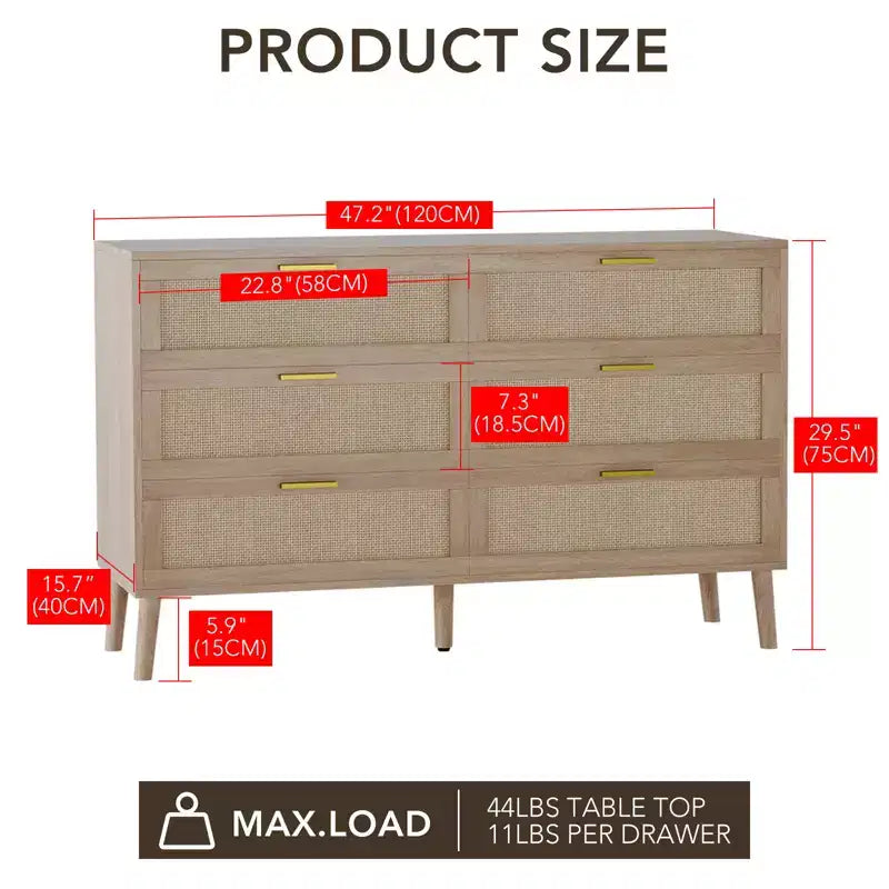 Commode à 8 tiroirs, commode en rotin naturel pour chambre à coucher avec 5 pieds solides, commode en bois de style ferme avec poignées dorées