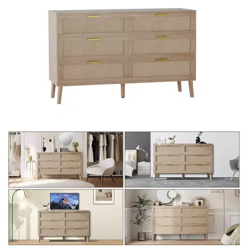 Commode à 8 tiroirs, commode en rotin naturel pour chambre à coucher avec 5 pieds solides, commode en bois de style ferme avec poignées dorées