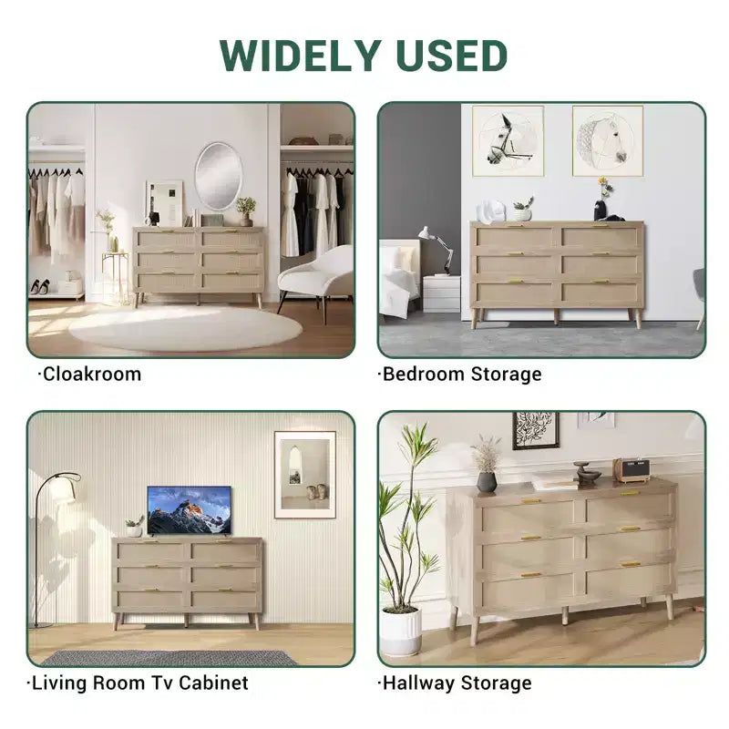 Commode à 8 tiroirs, commode en rotin naturel pour chambre à coucher avec 5 pieds solides, commode en bois de style ferme avec poignées dorées