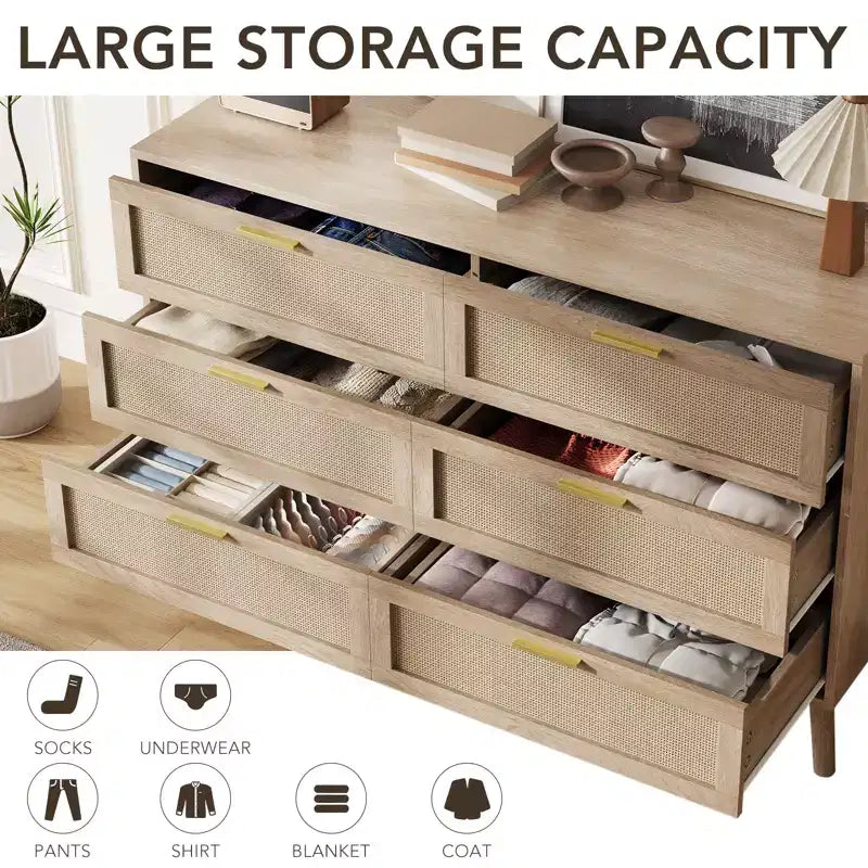 Commode à 8 tiroirs, commode en rotin naturel pour chambre à coucher avec 5 pieds solides, commode en bois de style ferme avec poignées dorées