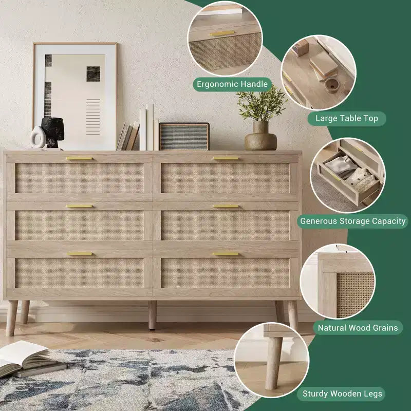 Commode à 8 tiroirs, commode en rotin naturel pour chambre à coucher avec 5 pieds solides, commode en bois de style ferme avec poignées dorées